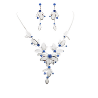 Women's 3 Piece Rhinestone Crystal And Metal Mesh Floral Statement Necklace Bracelet Earring Jewelry Set, 17"+4" Extender (Blue Crystal Silver Tone)