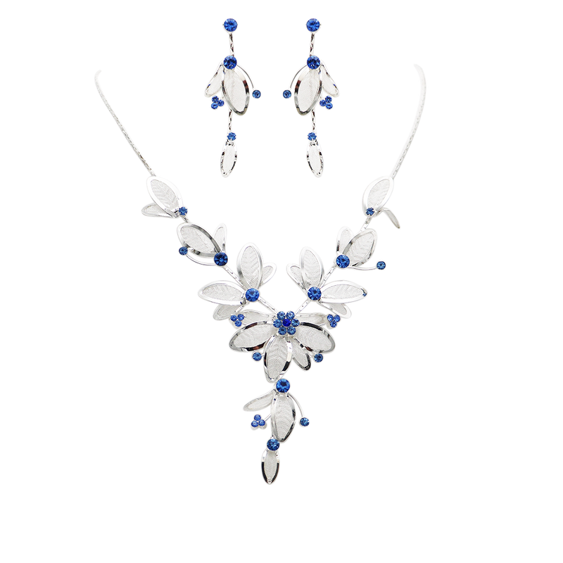 Women's 3 Piece Rhinestone Crystal And Metal Mesh Floral Statement Necklace Bracelet Earring Jewelry Set, 17"+4" Extender (Blue Crystal Silver Tone)