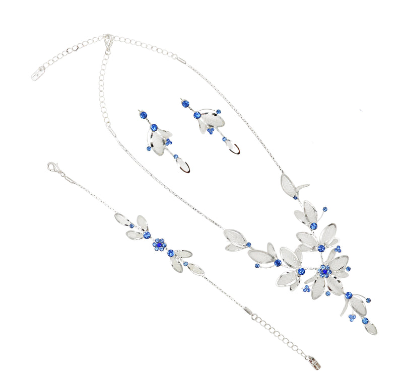 Women's 3 Piece Rhinestone Crystal And Metal Mesh Floral Statement Necklace Bracelet Earring Jewelry Set, 17"+4" Extender (Blue Crystal Silver Tone)