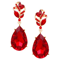 Stunning Dangle Teardrop Rhinestone Crystal Statement Post Drop Earrings (Marquis Leaf Top Red Gold Tone, 2.25")