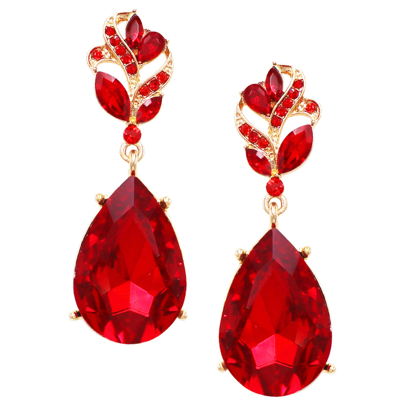 Stunning Dangle Teardrop Rhinestone Crystal Statement Post Drop Earrings (Marquis Leaf Top Red Gold Tone, 2.25")