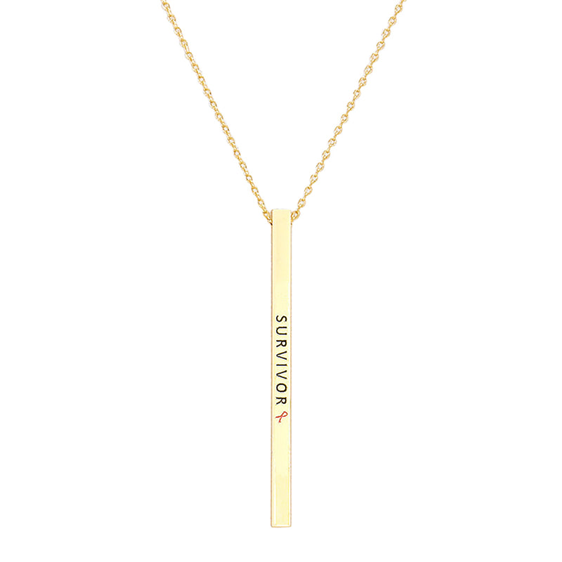 Pink Ribbon Vertical Bar Pendant Necklace (Survivor Gold Tone)