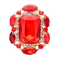 Stunning Statement Emerald Cut Glass Crystal Stretch Band Cocktail Ring (Red Crystal Gold Tone)