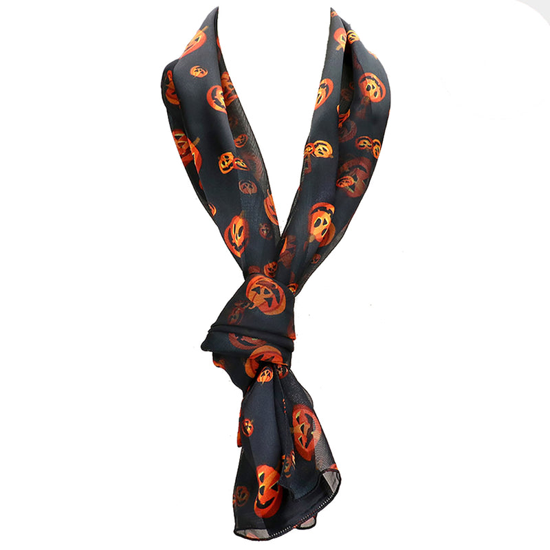 Women's Spooktacular Halloween Fun Print Lightweight Fashion Scarf (Smiling Jack-O-Lanterns BLACK)