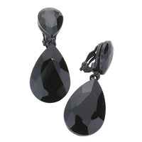 Double Teardrop Statement Glass Crystal Dangle Clip On Bridal Earrings, 2" (Jet Black Crystal Black Tone)