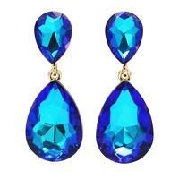 Women's Double Teardrop Statement Glass Crystal Rhinestone Dangle Clip On Bridal Earrings, 2" (AB Blue Crystal Gold Tone)