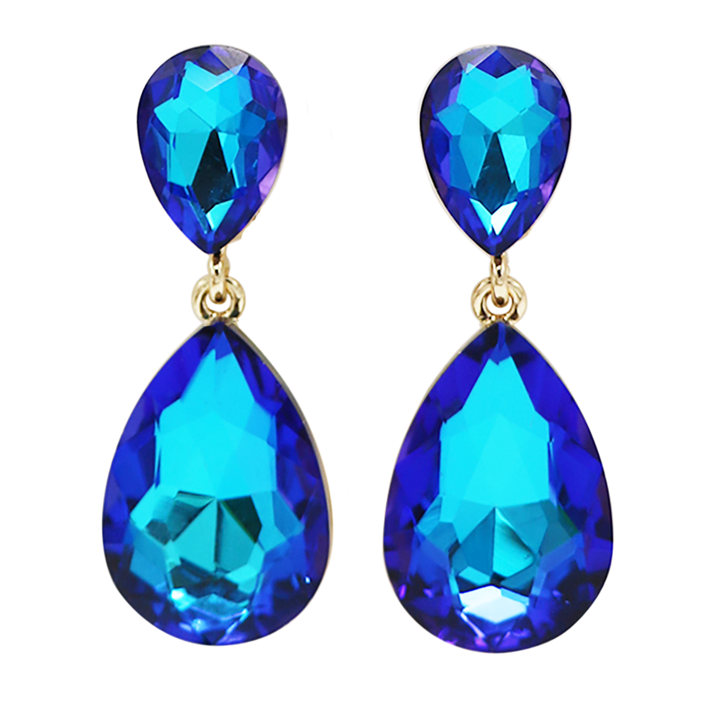 Women's Double Teardrop Statement Glass Crystal Rhinestone Dangle Clip On Bridal Earrings, 2" (AB Blue Crystal Gold Tone)