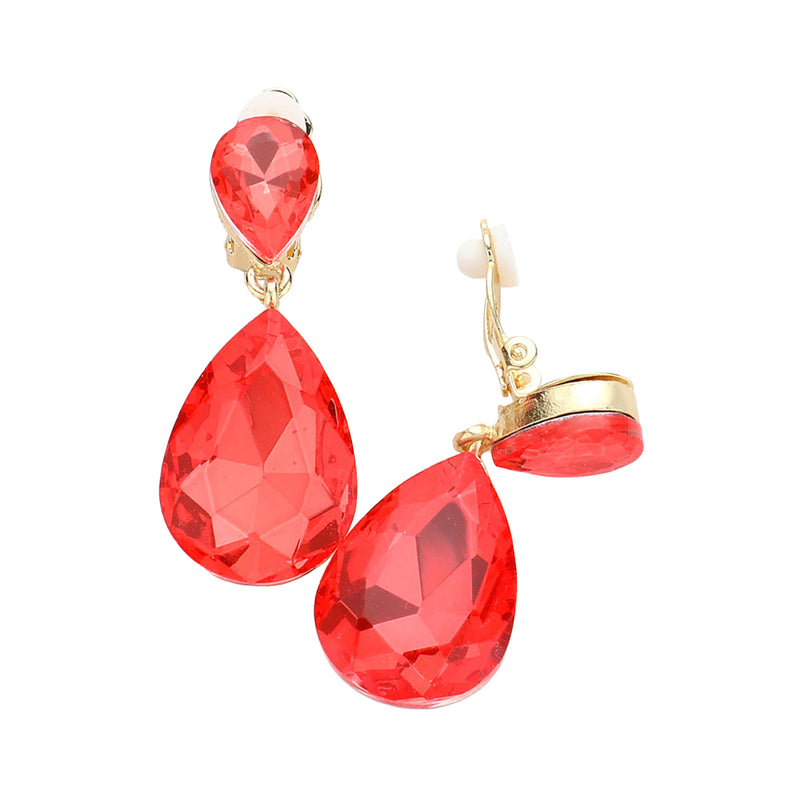 Women's Stunning Double Teardrop Crystal Statement Clip On Earrings, 1.75 (Firey Orange)