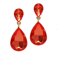 Stunning Double Teardrop Crystal Statement Clip On Earrings, 1.75" (Firey Orange)