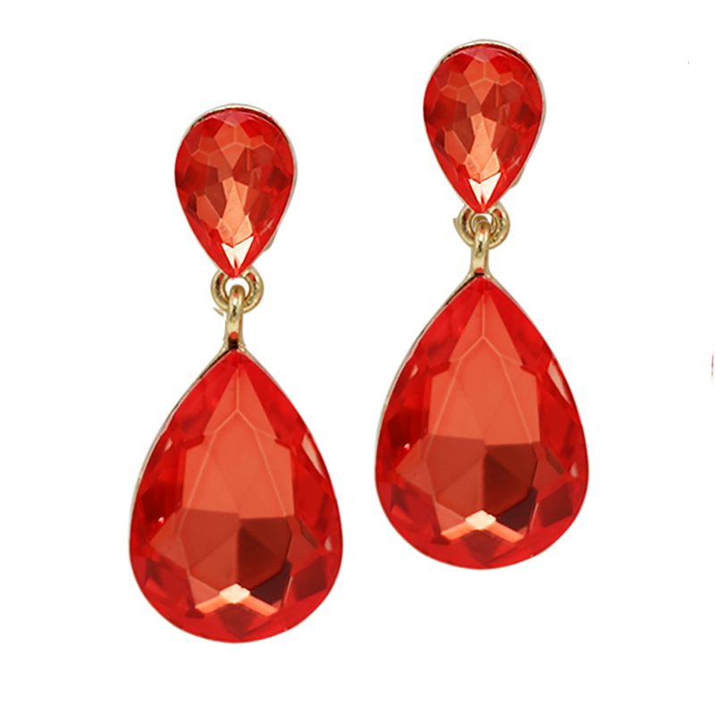 Stunning Double Teardrop Crystal Statement Clip On Earrings, 1.75" (Firey Orange)