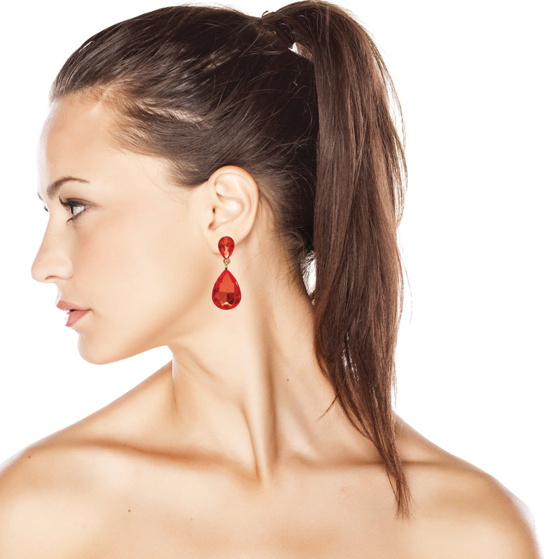 Stunning Double Teardrop Crystal Statement Clip On Earrings, 1.75" (Firey Orange)