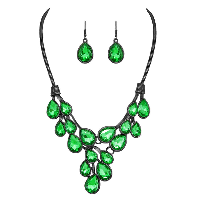 Stunning Teardrop Crystal Holiday Statement Bib Necklace Earrings Gift Set, 13"+3" Extender (Erinite Green)