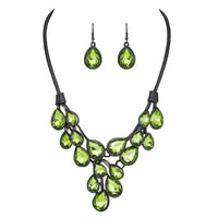 Women's Stunning Teardrop Crystal Holiday Statement Bib Necklace Earrings Set, 13"+3" Extender (Olivine Green)