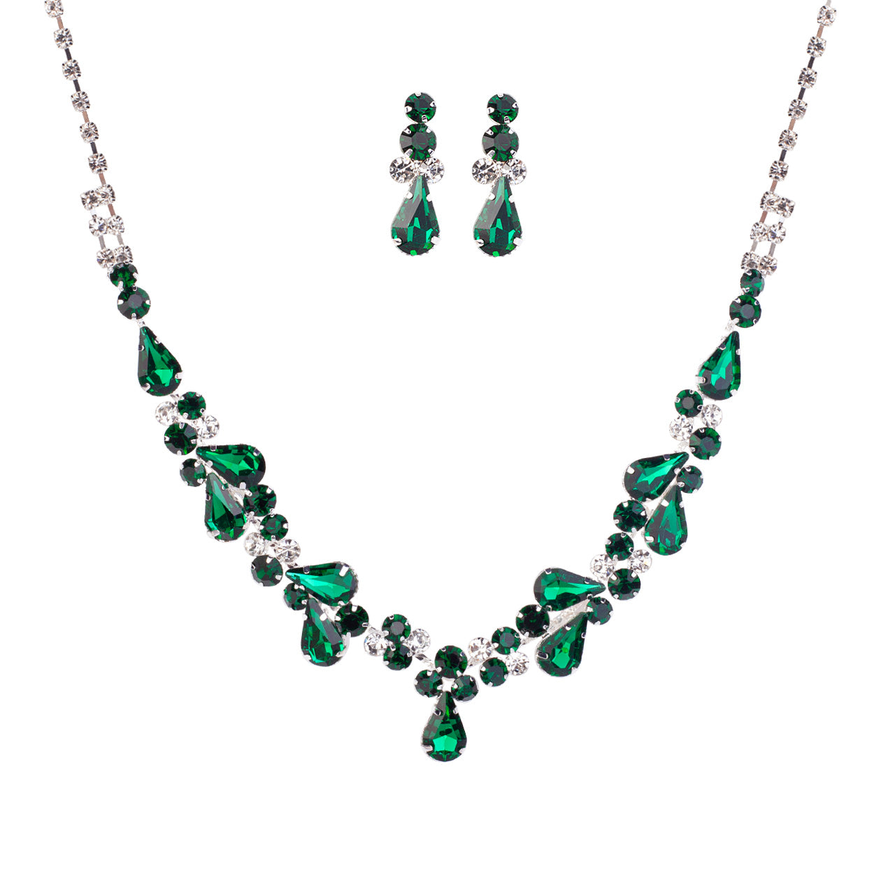 Women's Rhinestone Teardrop Statement Necklace Hypoallergenic Drop Earrings  Set, 15-21 with 6 Extender (Emerald Green Silver Tone)