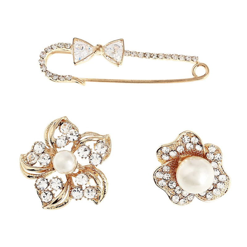 Stunning Set of 3 Flower Brooches With Simulated Pearls (Safety Pin And Flowers Gold Tone)