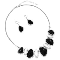 Unique Contemporary Polished Silver Tone Western Style Natural Howlite Necklace Earrings Set, 18"+3" Extension (Jet Black)