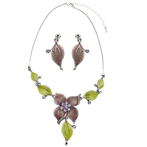 Whimsical Glitter Enamel Coated 3D Metal Flowers With Crystals Polished Silver Tone Necklace And Earrings Gift Set, 15"+3" Extension (Warm Taupe With Purple Crystals)