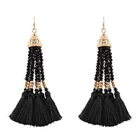 Stunning Threaded Fan Fringe Tassel Drop Fashion Earrings, Solid Black Gold Tone Fish Hook, 4"