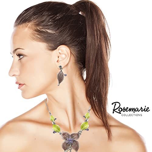 Whimsical Glitter Enamel Coated 3D Metal Flowers With Crystals Polished Silver Tone Necklace And Earrings Gift Set, 15"+3" Extension (Warm Taupe With Purple Crystals)