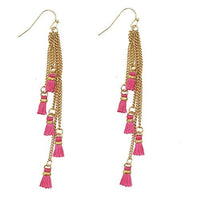 Chic And Colorful Thread Tassels On Gold Tone Metal Fringe Long Dangle Earrings, 3.5" (Fuchsia Pink)