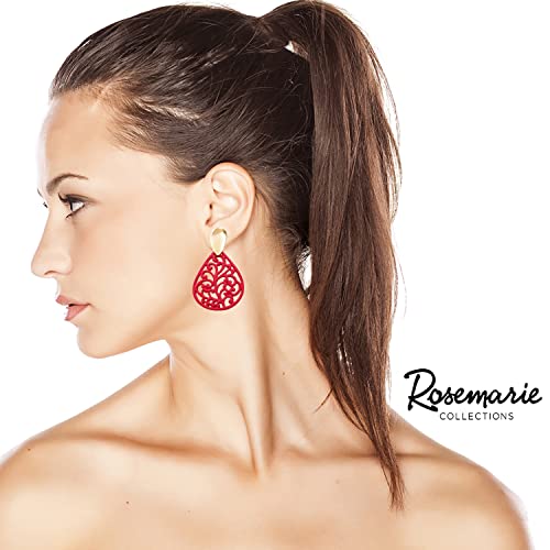 Rosemarie & Jubalee Women's Chic Statement Metal Teardrop Shaped Filigree Cut Out Dangle Clip On Style Earrings, 2.25" (Red Enamel Polished Gold Tone)