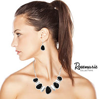 Unique Contemporary Polished Silver Tone Western Style Natural Howlite Necklace Earrings Set, 18"+3" Extension (Jet Black)