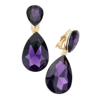 Rosemarie & Jubalee Women's Double Teardrop Statement Glass Crystal Dangle Clip On Bridal Earrings, 2" (Purple Crystal Gold Tone)