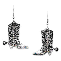 Unique Burnished Silver Tone With Enamel And Crystal Textured Western Cowgirl Boots Dangle Earrings, 2" (Black)