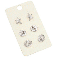 Beach Stud Earrings Set of 3 Starfish Sand Dollar Shell (Silver Tone)