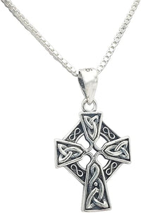 Stunning Sterling Silver Castledermot Celtic Cross Pendant Necklace (24 Inch Curb Chain)