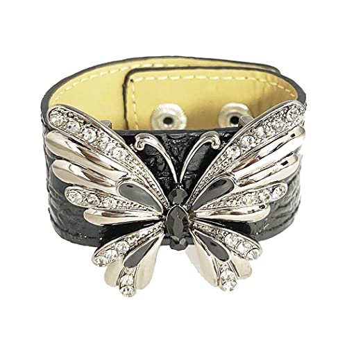 Stunning Crystal And Enamel Covered Hematite Tone Butterfly On Chic Black Vegan Leather Band With Snap Closure Cuff Bracelet, 7.5"-8.5"