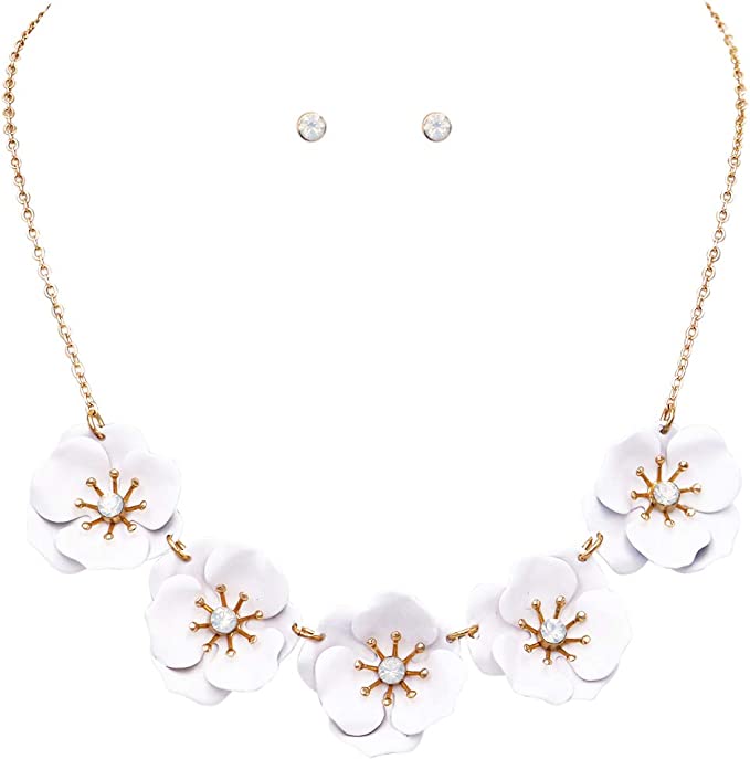 Stunning Powder Coated Metal Flower Collar Necklace And Crystal Stud  Earrings Gift Set, 15