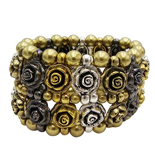 Vintage Chic 3D Metal Rose And Ball Bead Multitone Metal Chunk Statement Stretch Bracelet, 6.5"