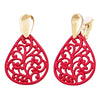 Rosemarie & Jubalee Women's Chic Statement Metal Teardrop Shaped Filigree Cut Out Dangle Clip On Style Earrings, 2.25" (Red Enamel Polished Gold Tone)