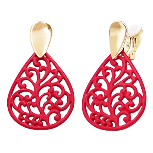 Rosemarie & Jubalee Women's Chic Statement Metal Teardrop Shaped Filigree Cut Out Dangle Clip On Style Earrings, 2.25" (Red Enamel Polished Gold Tone)