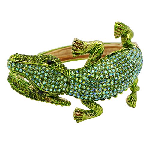 Stunning Crystal Rhinestone Pave Alligator Hinged Cuff Bangle Bracelet, 6.5" (Shades Of Green Gold Tone)