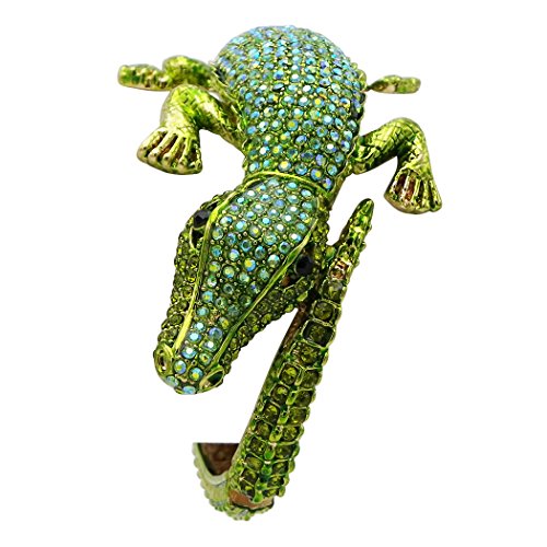 Stunning Crystal Rhinestone Pave Alligator Hinged Cuff Bangle Bracelet, 6.5" (Shades Of Green Gold Tone)