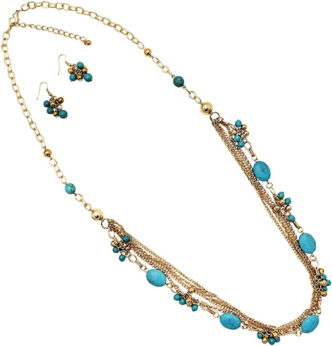 Stunning Western Glam Gold Tone Chains With Turquoise Howlite Stones  Necklace Earring Gift Set, 34