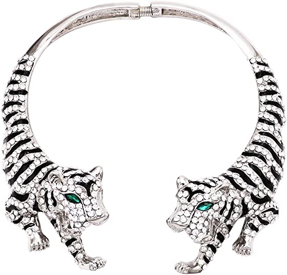 Stunning Three Dimensional Open Front Crystal Encrusted Tiger Hinged Back Statement Choker Necklace14" (Silver Tone)