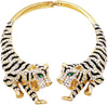 Stunning Three Dimensional Open Front Crystal Encrusted Double Tiger Hinged Back Statement Choker Necklace14" (Gold Tone)