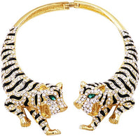 Stunning Three Dimensional Open Front Crystal Encrusted Double Tiger Hinged Back Statement Choker Necklace14" (Gold Tone)