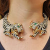 Stunning Three Dimensional Open Front Crystal Encrusted Double Tiger Hinged Back Statement Choker Necklace14" (Gold Tone)