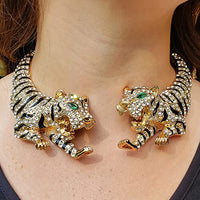 Stunning Three Dimensional Open Front Crystal Encrusted Double Tiger Hinged Back Statement Choker Necklace14" (Gold Tone)