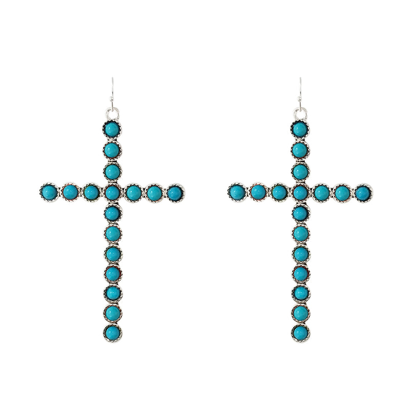 Rosemarie's Religious Gifts Women's Statement Textured Metal Western Cross With Vibrant Turquoise Bead Large Drop Earrings, 3"