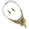 Rosemarie & Jubalees Women's Unbe-leaf-ably Stunning Crystal Accented Textured Metal Leaf Statement Necklace Earrings Set, 14"-17" with 3" Extender (Green/Burnished Gold Tone)