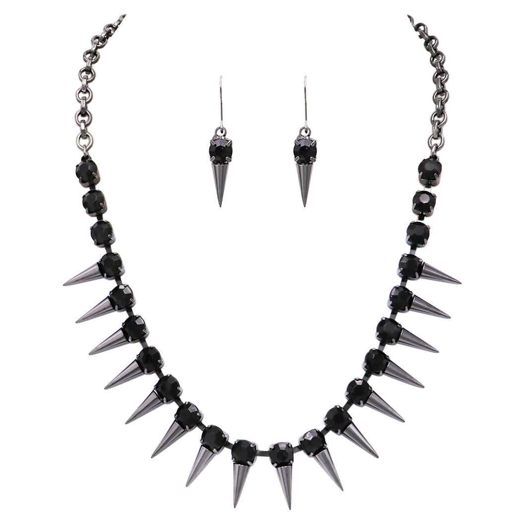 Halloween Crystal With Hematite Black Spikes Collar Necklace Earrings Set,  21+4