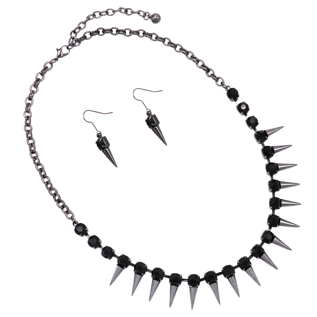 Halloween Crystal With Hematite Black Spikes Collar Necklace Earrings Set,  21+4