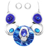 Women's New Fashion Statement Blue Resin and Crystal Link Bib Necklace and Earring Jewelry Set (Blues Silver Tone)