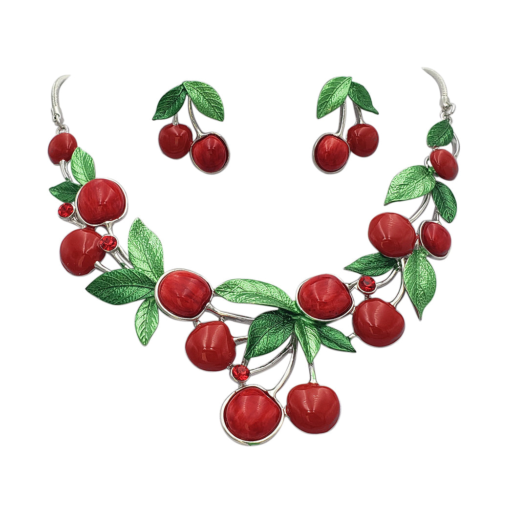 Cherry Fun 3D Enamel Resin And Crystal Fruit Silver Tone Necklace