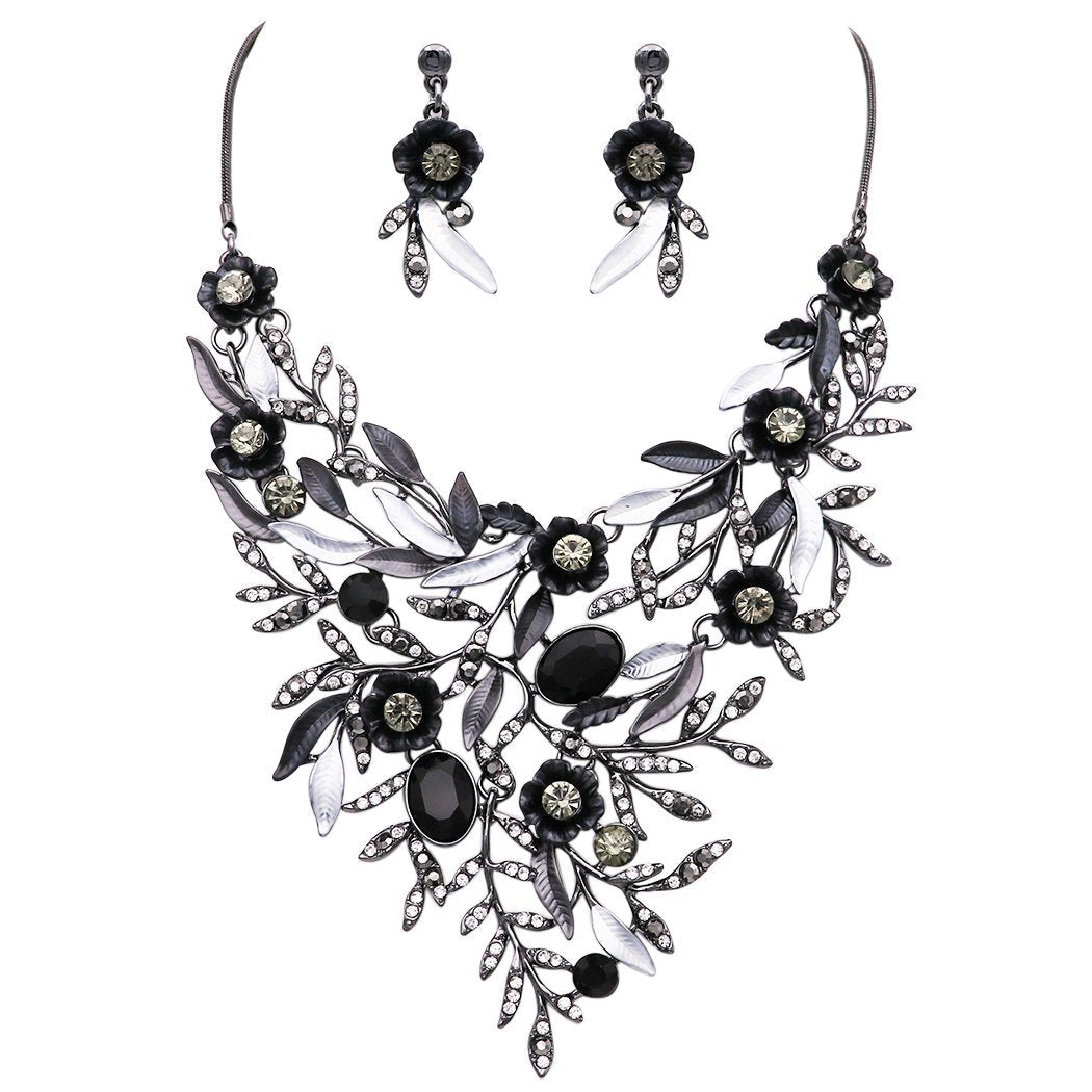 Beautiful Colorful Floral Statement Bib Necklace and Earrings Set, 14